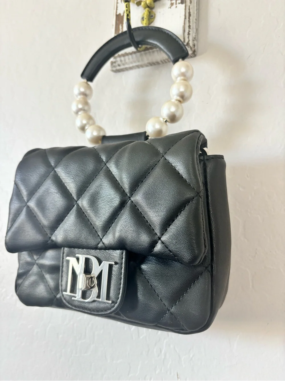 Badgley Mischka Black Quilted Pearl-Handle Crossbody